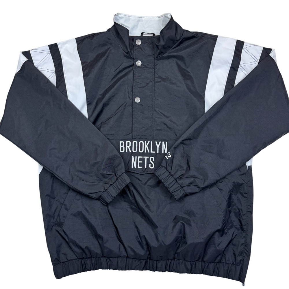 STARTER Brooklyn Nets Black and White Pullover Varsity Jacket